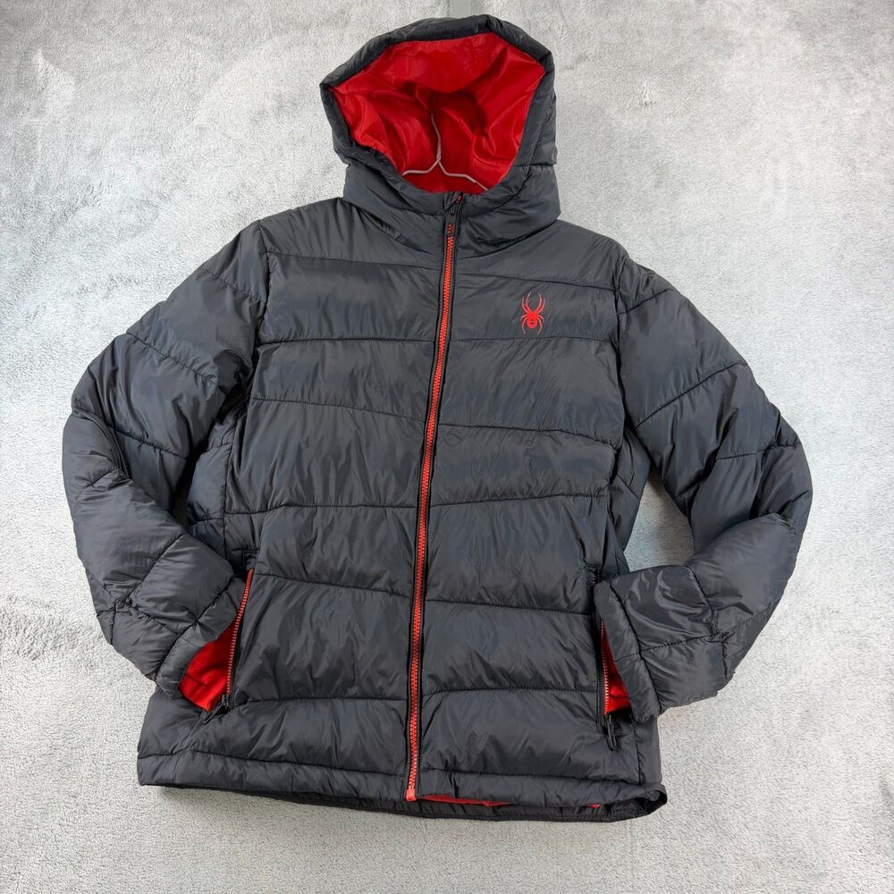 Spyder Youth Large 14/16 Black Red Insulated Hooded Puffer Jacket Boys Girls